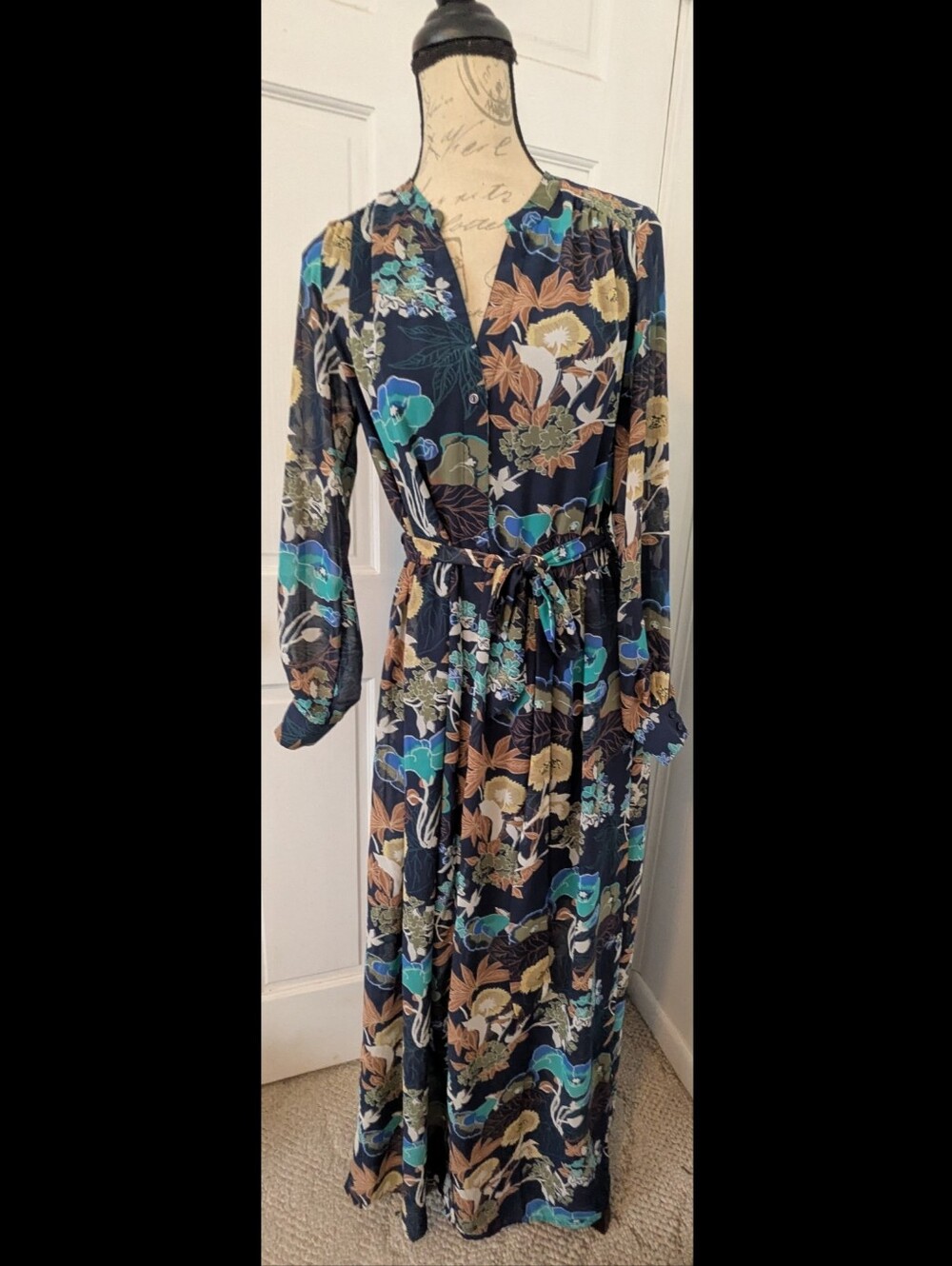 H&M Conscious Blue Navy Floral Boho Button Down Maxi Dress 8